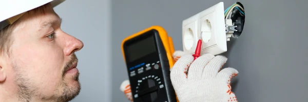 Électricien professionnel effectuant des mesures électriques dans un intérieur résidentiel