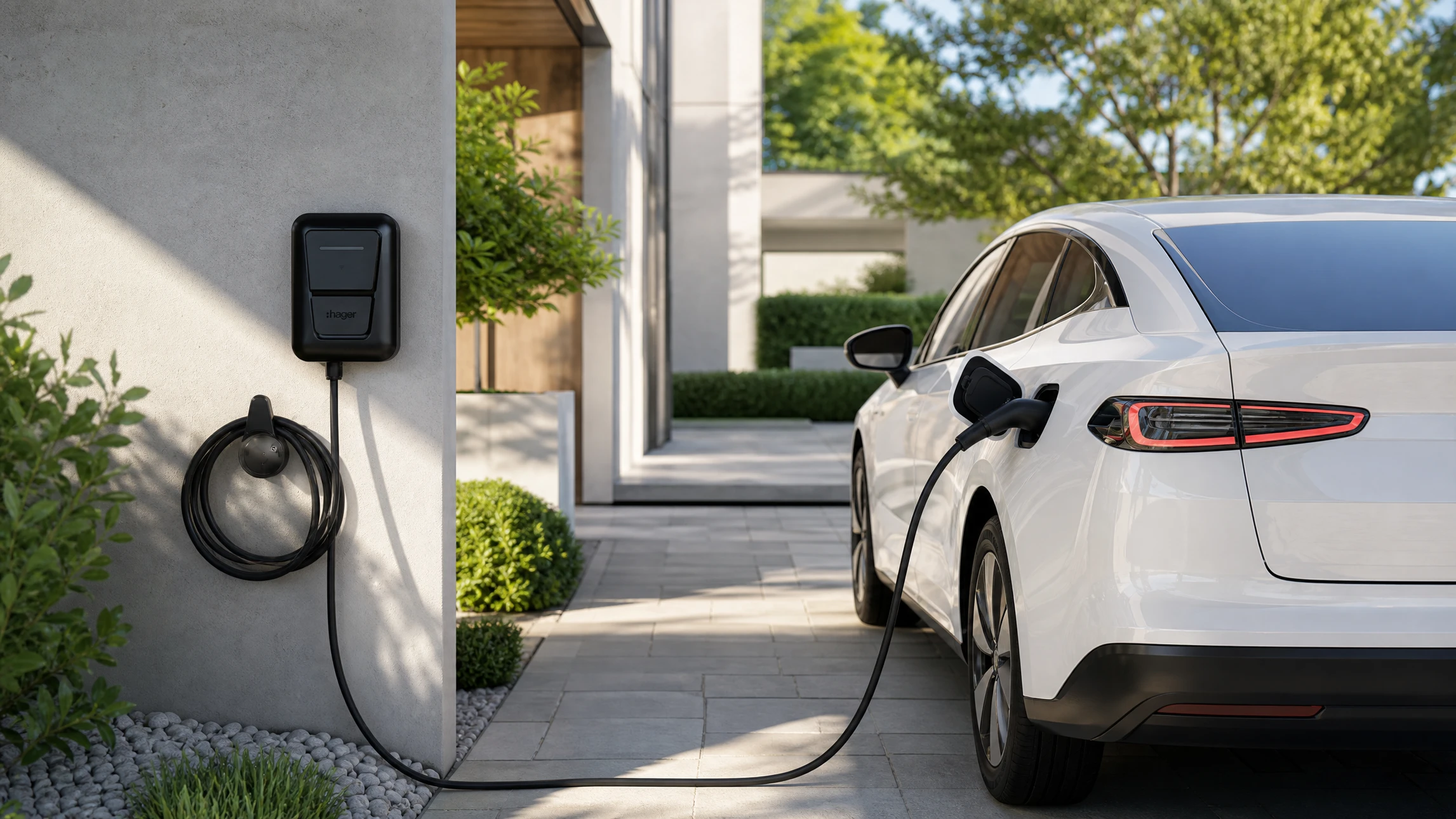Voiture EV ou véhicule électrique à la station de charge avec l'alimentation du câble d'alimentation branchée sur la nature floue avec effet d'énergie bleu