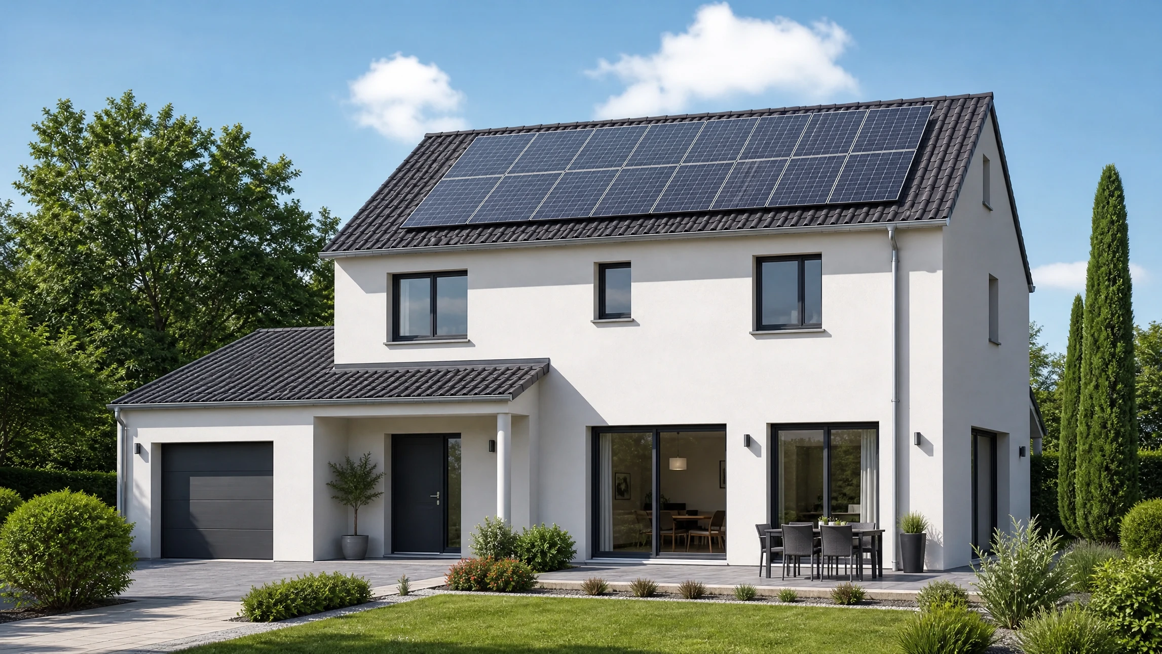 Ouvrier en équipement de sécurité haute visibilité installant des panneaux solaires photovoltaïques sur toiture inclinée